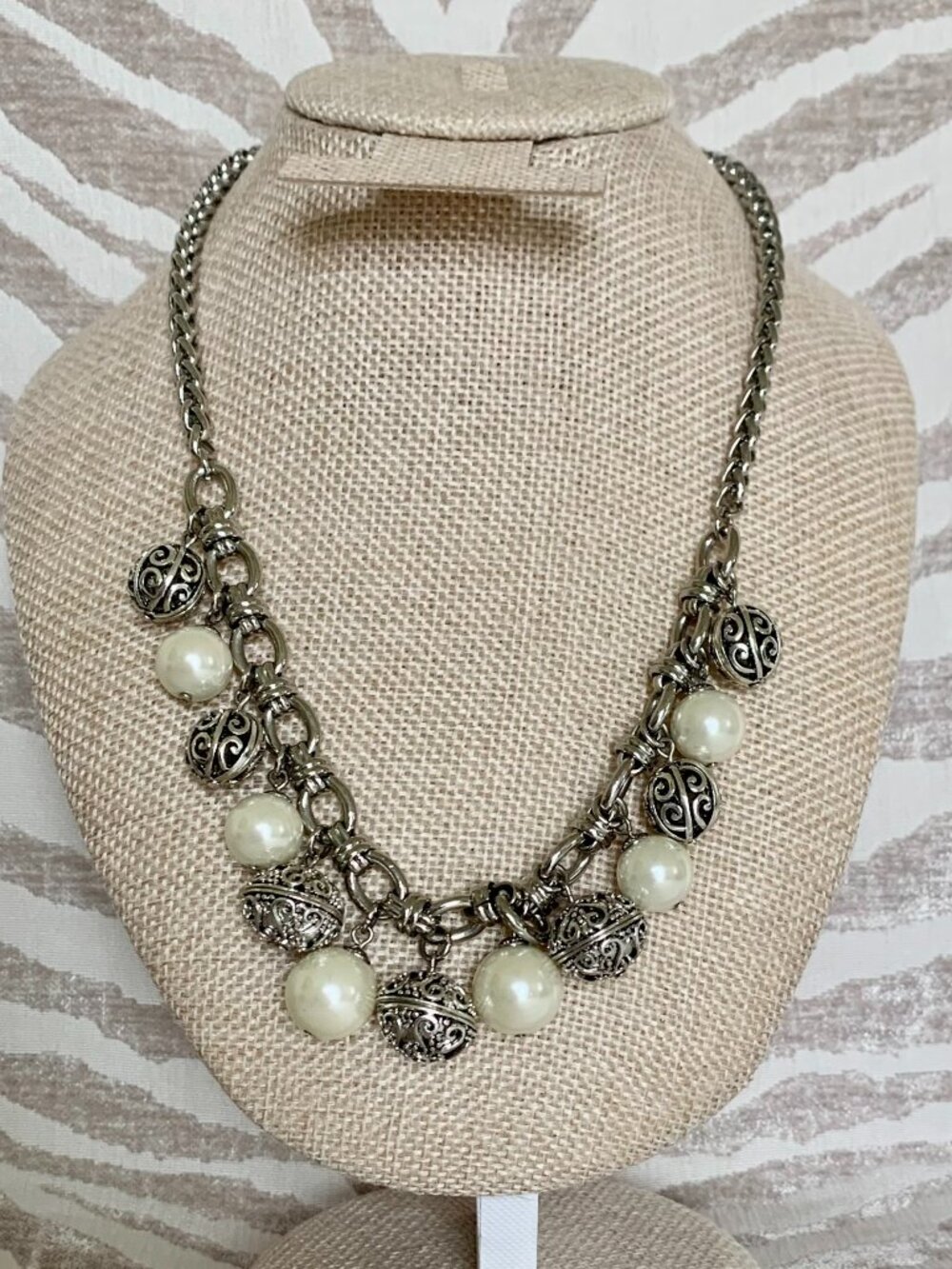 Vintage-Inspired Chunky Faux Pearl & Silver Filigree Statement Charm Necklace